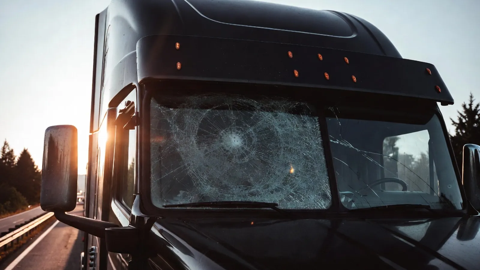 Semi-truck with a shattered windshield